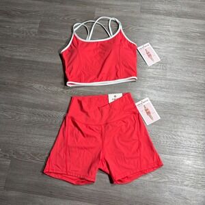 OTOS S515 Womens Activewear Set Coral Red Crossover Shorts Crop Tank Top Large